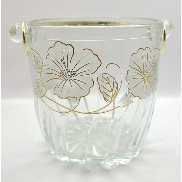 Vintage Clear Glass Ice Bucket With Gold Floral Design & Handle - Picture 1 of 7